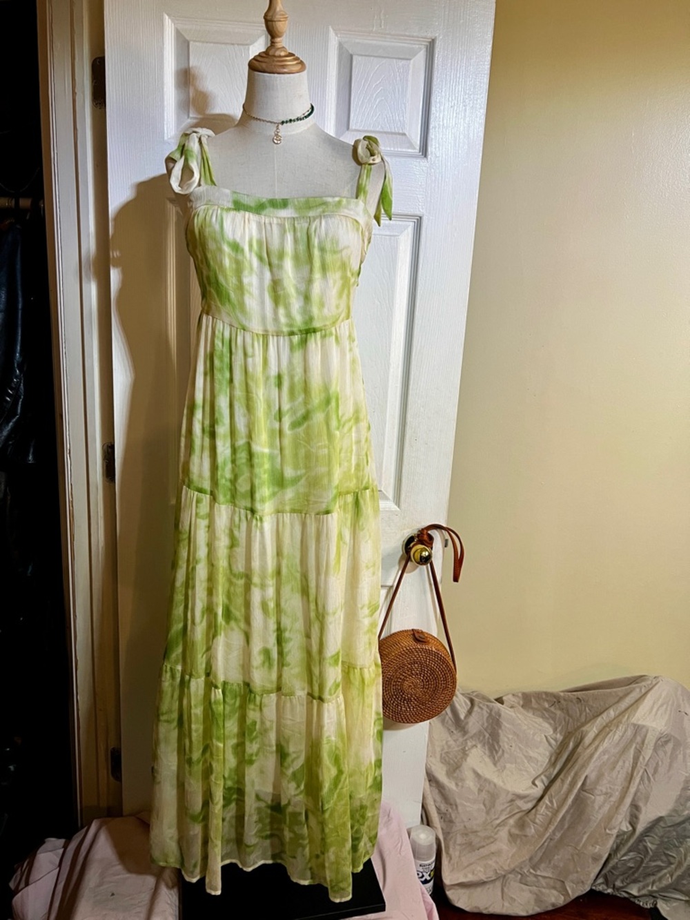 Line & Dot Chiffon Ombre Tie Dye Tiered Boho Tie Shoulder‎ Green Maxi Dress S